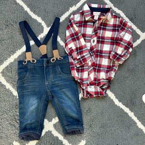 Cat & Jack Boys 3 Piece Outfit Shirt Jeans Size 3-6m Suspenders Holiday